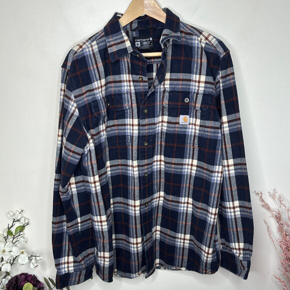 CARHARTT Loose Fit Heavyweight Flannel Plaid Shirt Navy Blue Sz M {3M29} - Picture 2 of 5